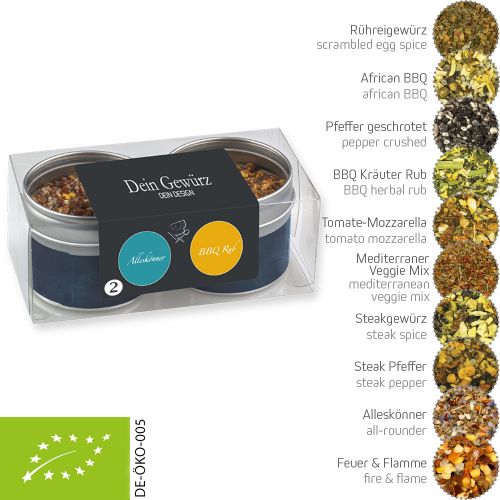 verschiedene Gewürzmischungen Bio und nicht Bio (Kategorie 2), 80-120g, Metalldose mit Sichtfenster im 2er Set