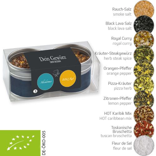 verschiedene Gewürzmischungen Bio und nicht Bio (Kategorie 3), 32-130g, Metalldose mit Sichtfenster im 2er Set