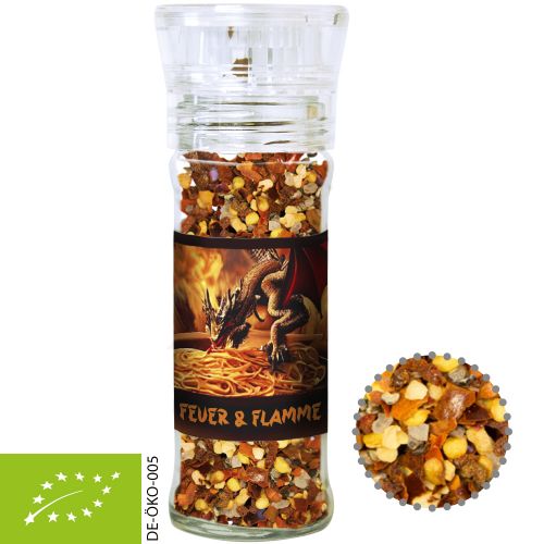Bio Gewürzmischung Feuer und Flamme, ca. 45g, transparente Gewürzmühle