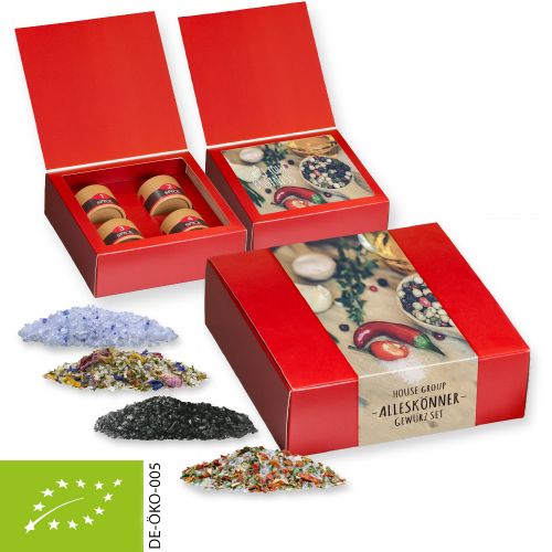 verschiedene Gewürzmischungen Bio und nicht Bio (Kategorie 1), ca. 180-440g, Geschenk-Set Premium mit 4 Biologisch abbaubaren Eco Pappdosen Mini